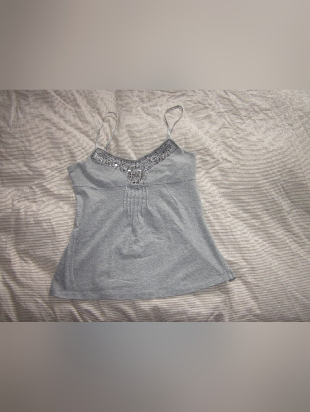 Vintage Silver-Gray Beaded Spaghetti Strap Camisole W/ Built In Bra Babydoll Fit